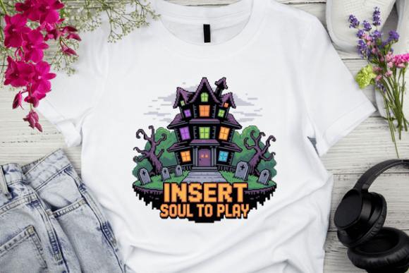Retro Gaming Haunted House T-shirt Design: Crafting Vintage Pixelated Horror for Wearable Art