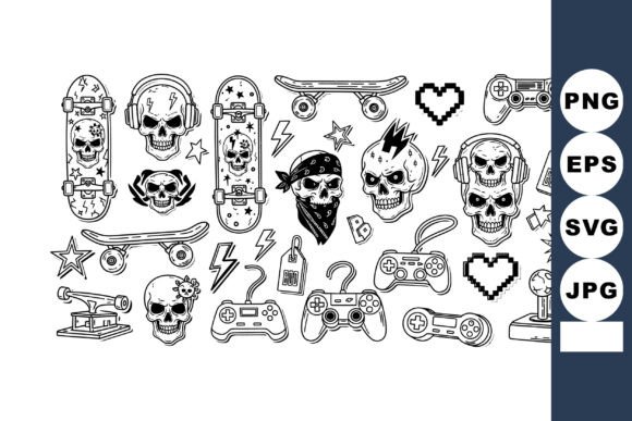Skull and Gaming Controller Vector Set W: Edgy Black Line Art for Creatives and Gamers
