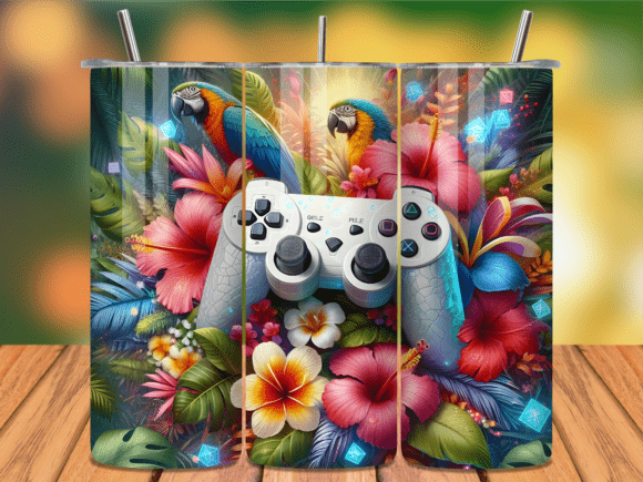 Tropical Gaming Parrot Flowers Tumbler Design for Sublimation