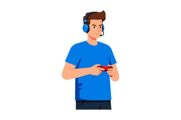 Young Man in Blue Shirt Enjoying Gaming